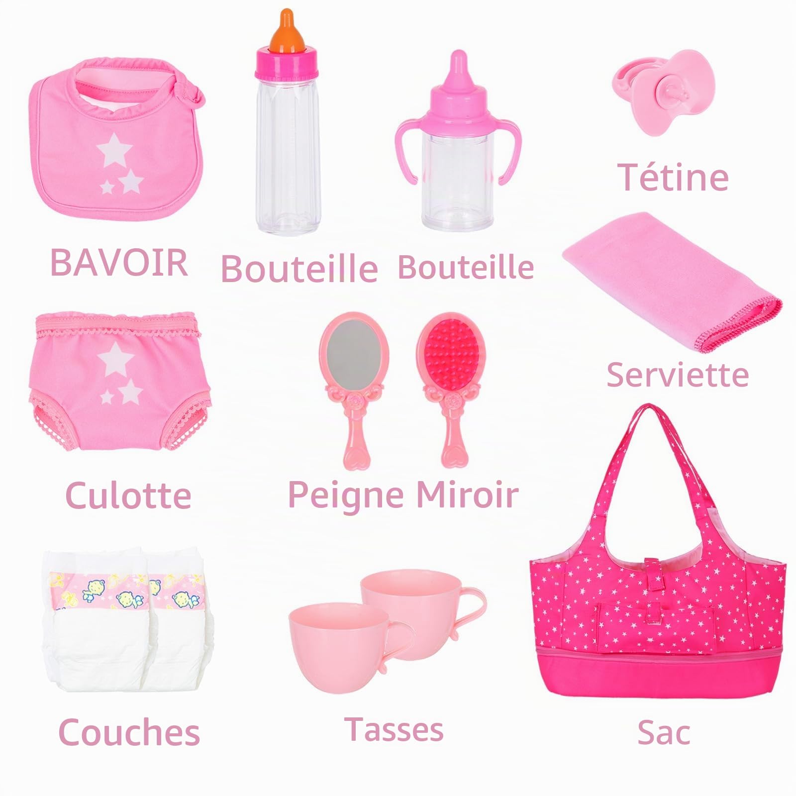 Accessoires pour poupée bébé 13 pièces avec Sac de Rangement | Kit de soin pour poupées 14–18 pouces, inclut biberon et couche, parfait pour le jeu d’imitation des filles