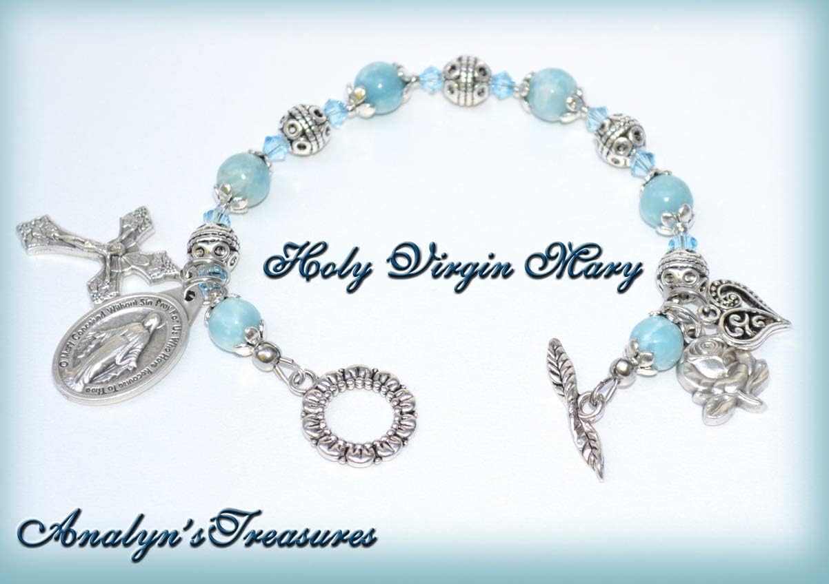 Holy Mary Rosary Bracelet in Blue Quartz, Beaded Rosary Bracelet, Customizable Catholic Jewelry
