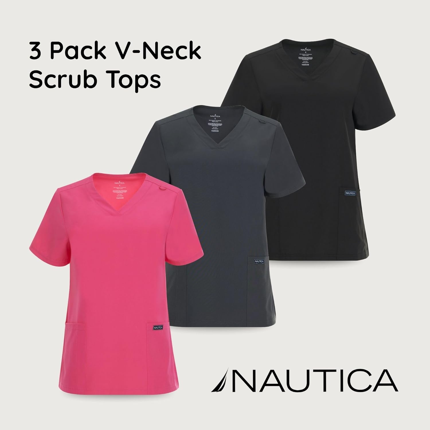 Nautica Womens Scrubs Tops, 3 Pack V-Neck Breathable Scrub Tops Women, 3 Pocket Stretch Fabric Scrubs for Women