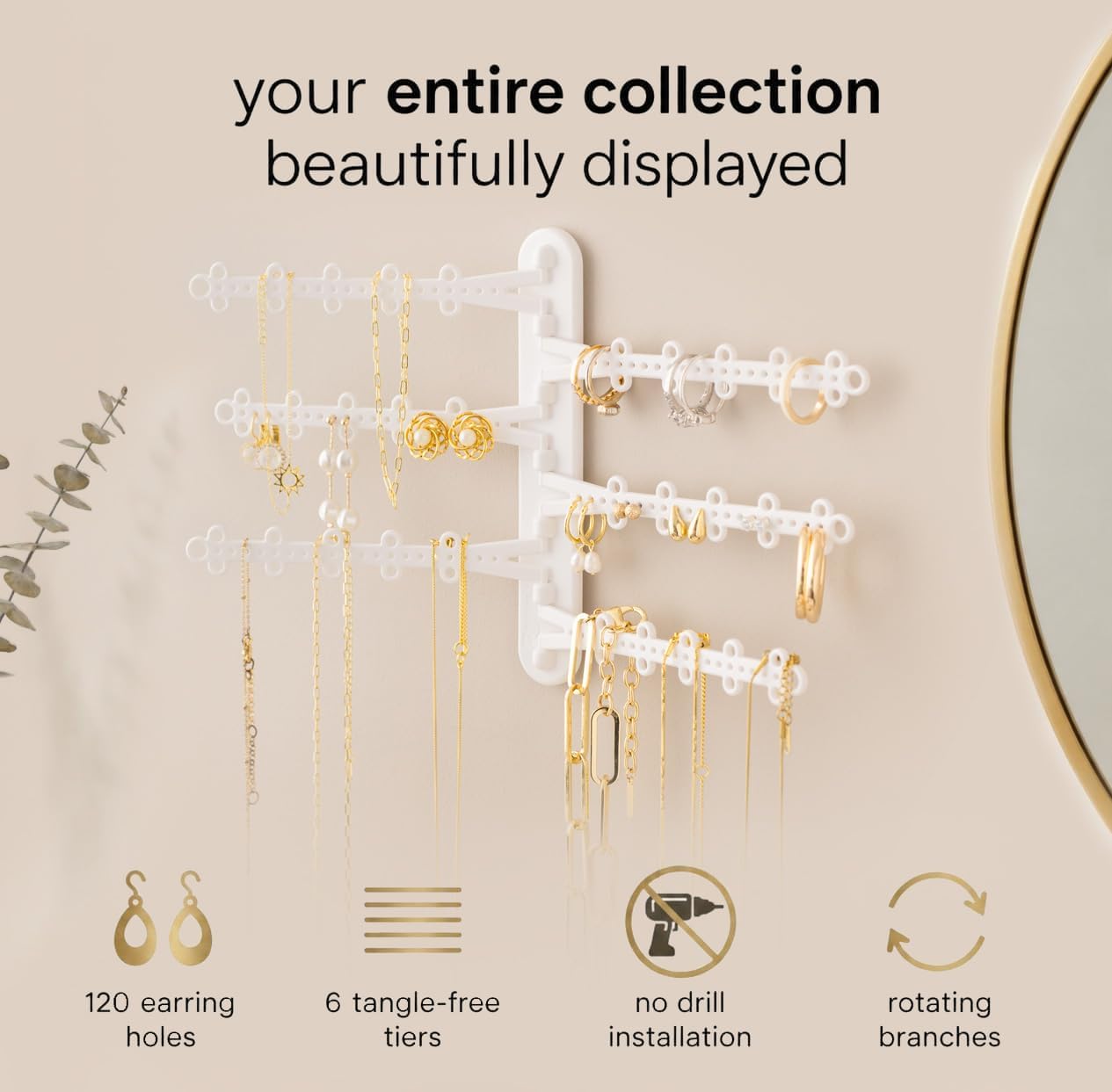 6-Tier Hanging Wall Jewelry Organizer, Earring, Necklace, Ring Holder-White