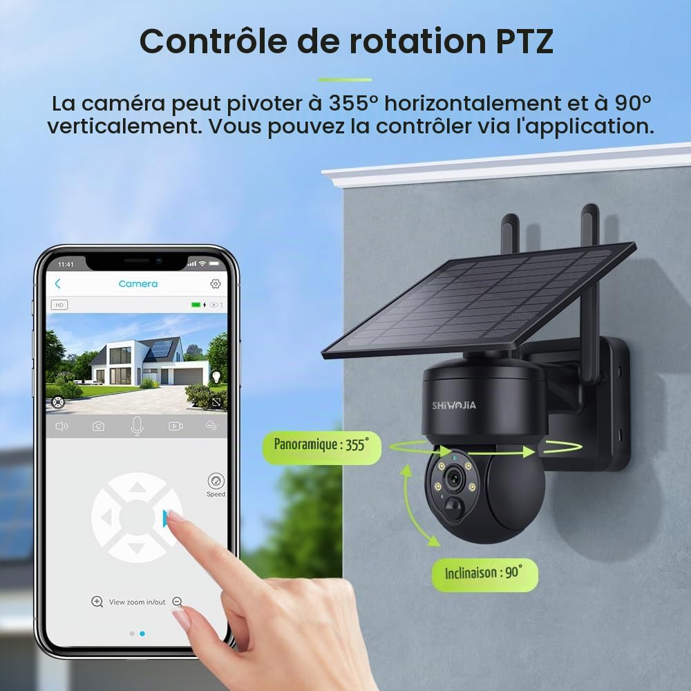 SHIWOJIA Camera Solaire Exterieur WiFi sans Fil, Tuya Exterieur, 2K Smart Life, 360° PTZ, Vision Nocturne Couleur, Audio Bidirectionnel, PIR Sirène (Noir)