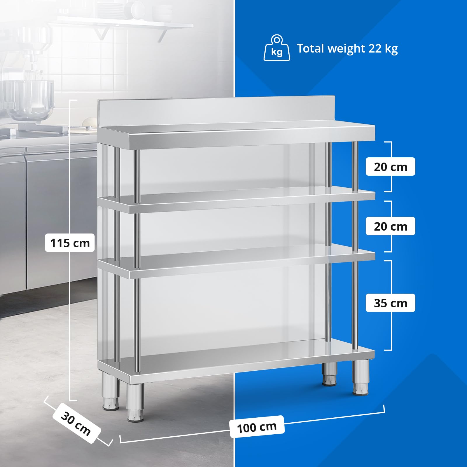 Royal Catering Tavolo bar da lavoro in acciaio inox 100 x 30 x 105 cm 4 ripiani con schienale e bordo - Tavolo da lavoro inox - Tavolo da bar