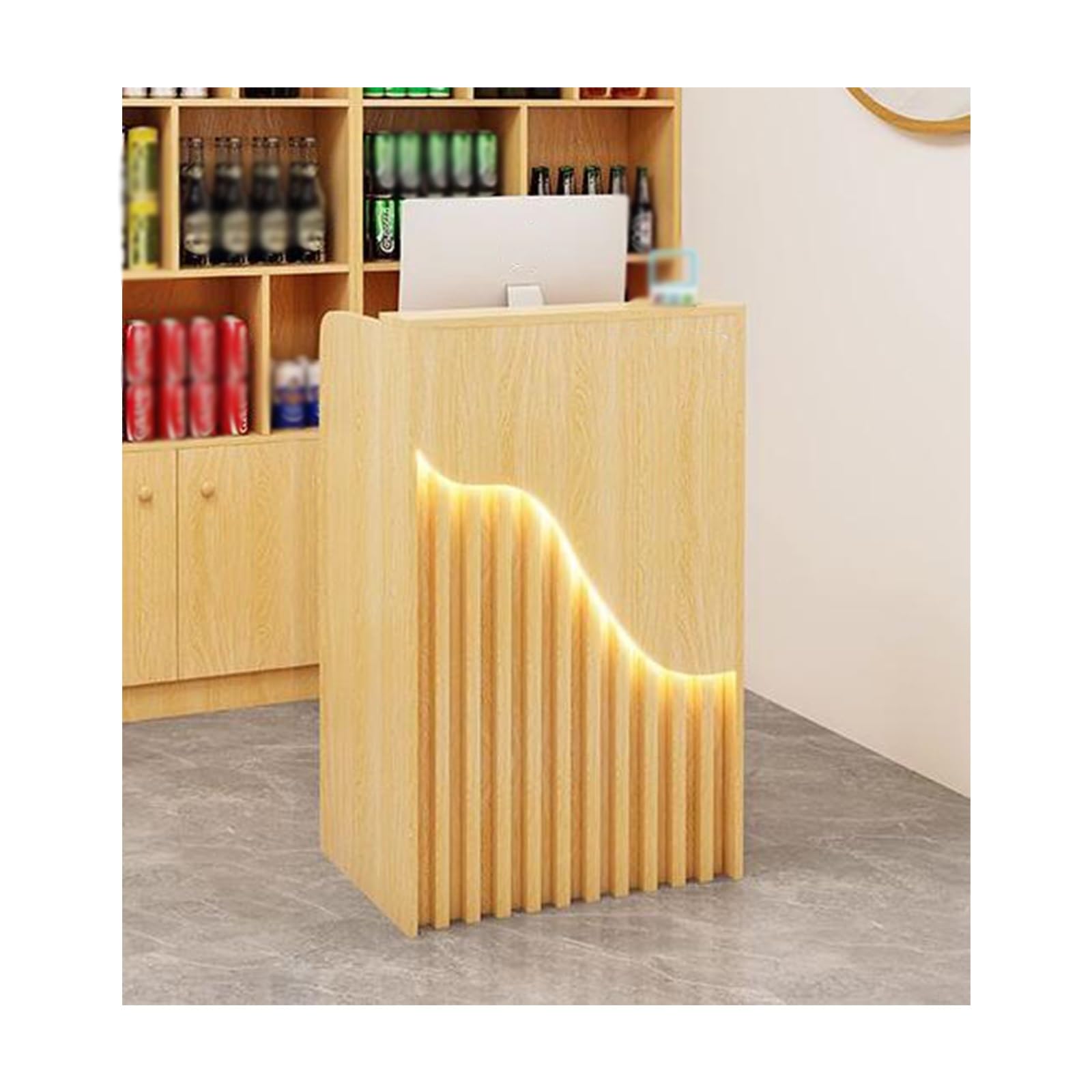 Moderno escritorio de recepción pequeño, mostrador de cajero que ahorra espacio para oficina y venta al por menor, elegante unidad de recepción de madera, diseño funcional de chut para un flujo de