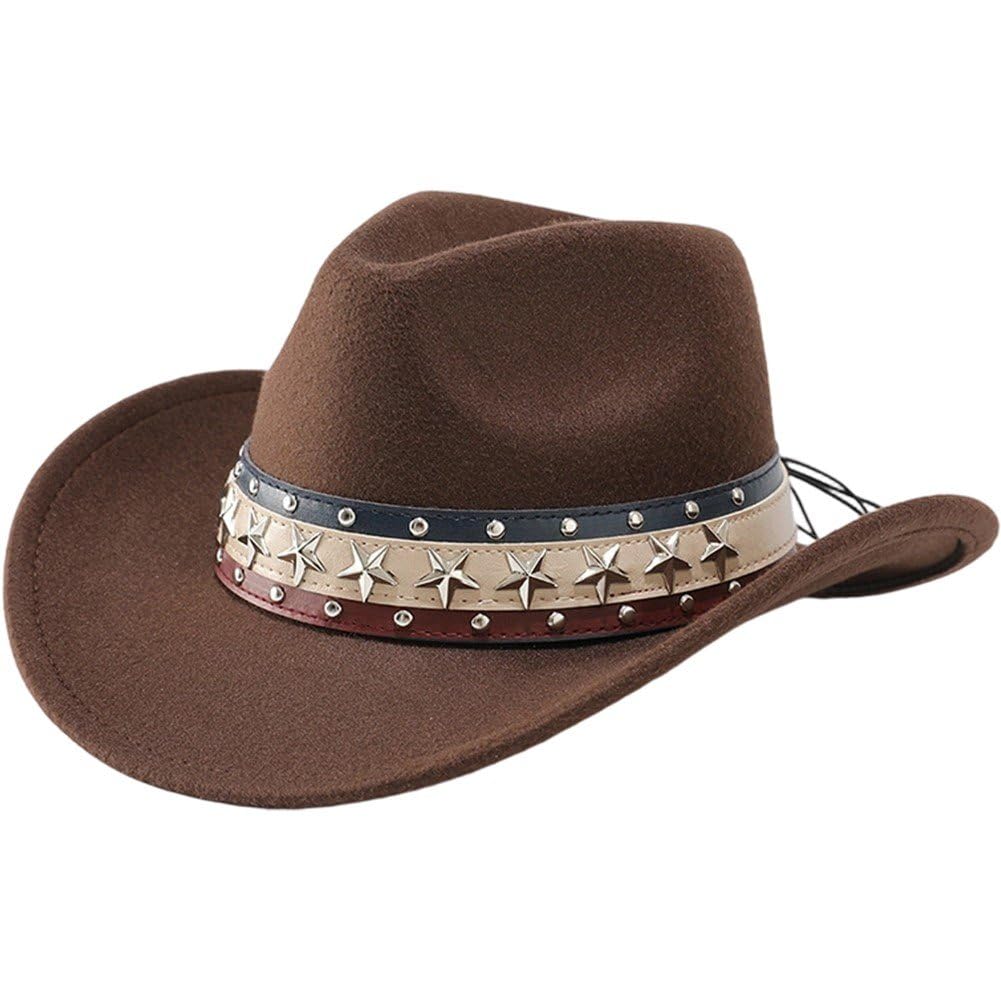 Sslvya Western Cowboy Hat Wide Brim Cowgirl Cap with Star Band, Country Concert Hats Vintage Fedora Hat for Derby Party Outdoor