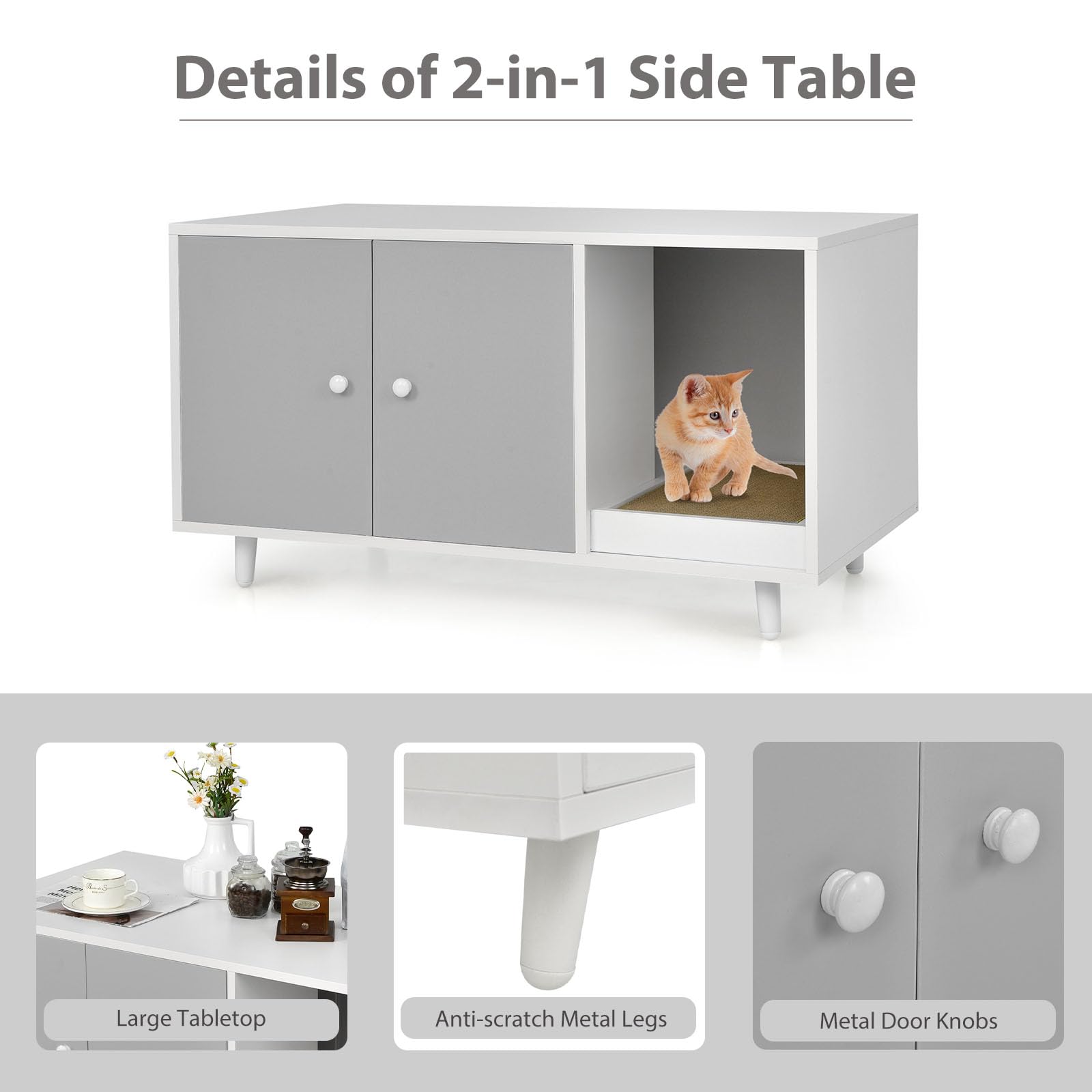 LIFEZEAL Armadietto per Gatti 2 in 1 Con Tavola Tiragraffi, Tavolino Con Casetta, 2 Ante e Gambe Sollevate, Lettiera, Marrone (Grigio)