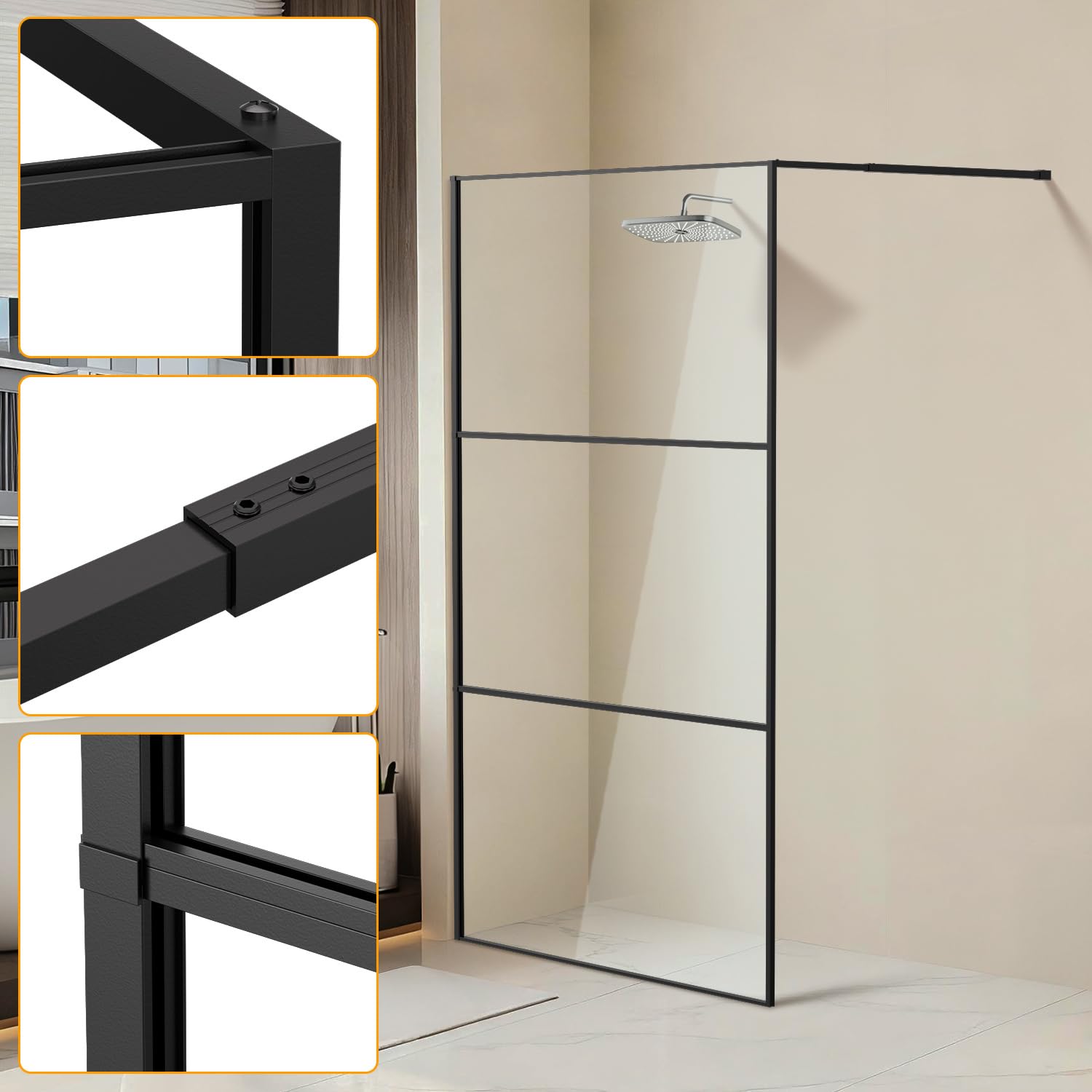 Cabine de douche Walk-in 120 x 200 cm Noir, Paroi de douche en verre avec verre de sécurité ESG de 5 mm, design à cadre tripartite, cadre en aluminium, séparation de douche pour douche à