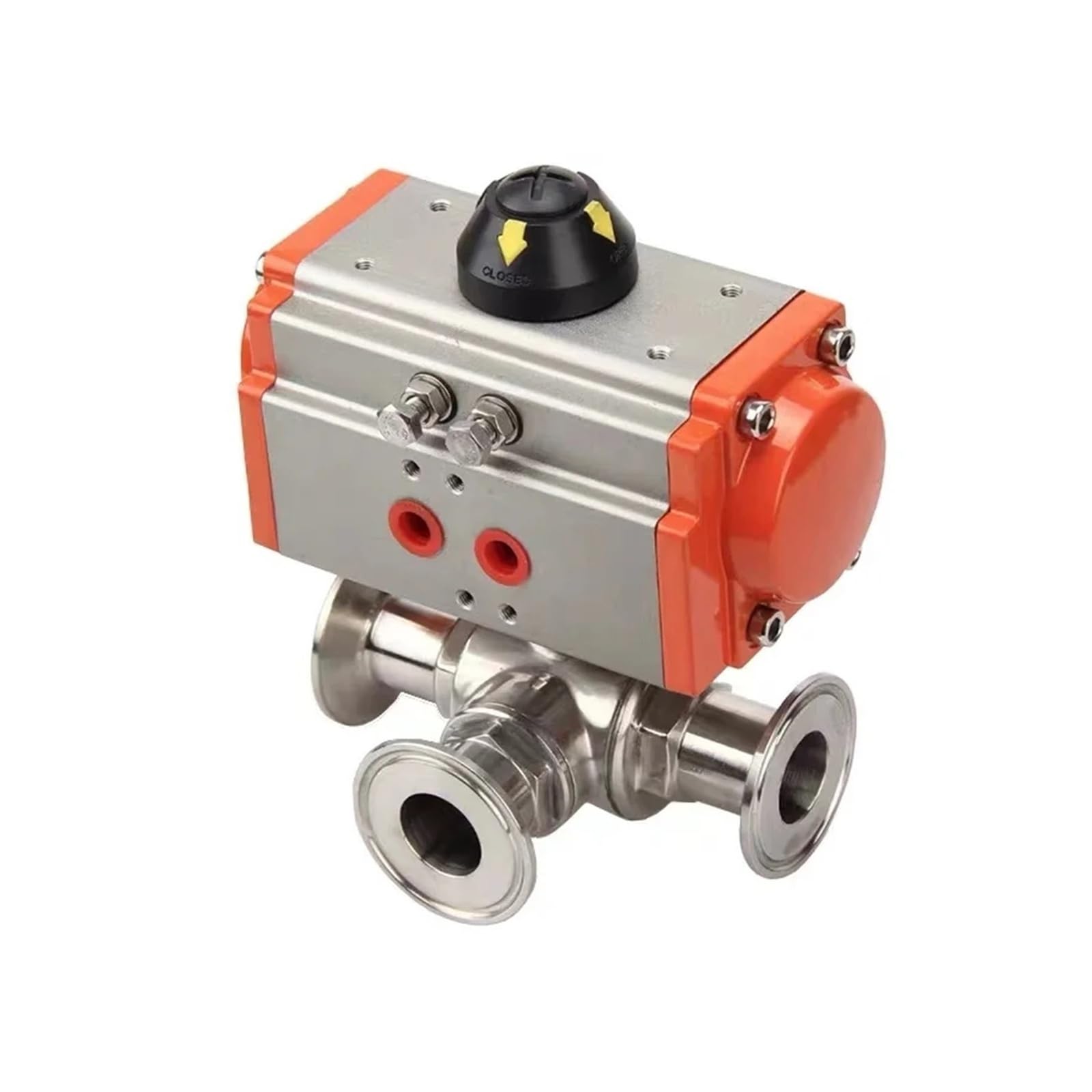 SWEWDSQG 51mm 3 Way 304 Stainless Steel Pneumatic Ball Valve Tri Clamp Ferrule Type Double Acting Cylinder Ball Valve(T Type)
