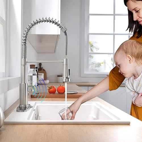 Miniatura 7 de OWOFAN Grifo de cocina sin contacto con rociador extraíble, luz LED, grifo de fregadero de cocina de una sola manija, sensor de movimiento, manos