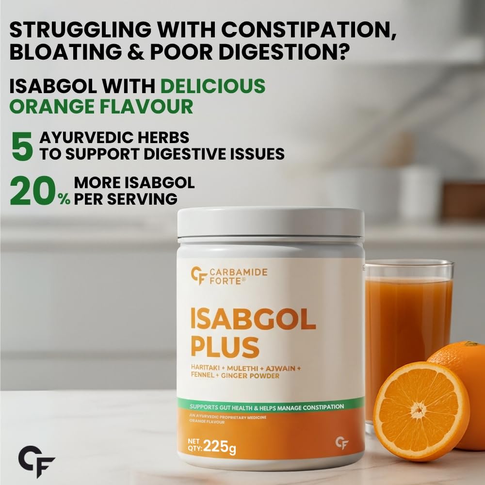 Carbamide Forte Isabgol Powder - 225gm | Psyllium Husk Powder With Haritaki, Ajwain & Fennel | Fiber supplement for Constipation Relief & Digestion | Orange Flavour 1