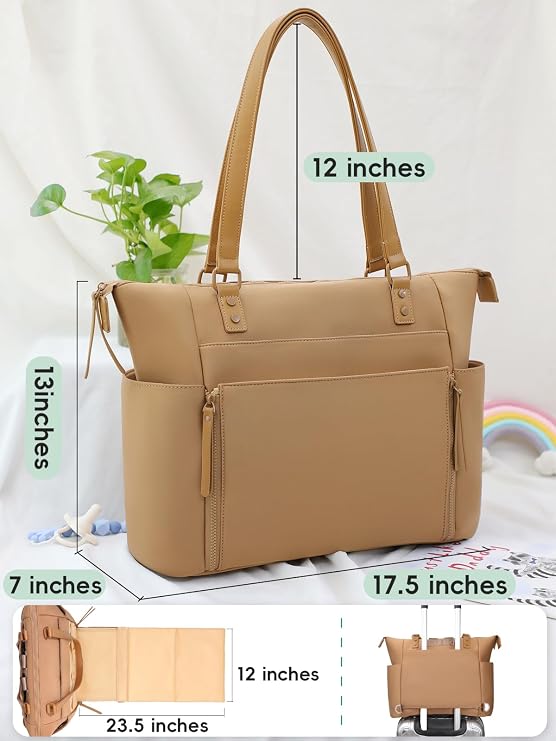 MOMINSIDE Neoprene Diaper Bag Tote, Diaper Bag Backpack panaleras para bebe,14 Pockets Large Capacity Diaper Bags, Convertible Diaper Tote, Brown