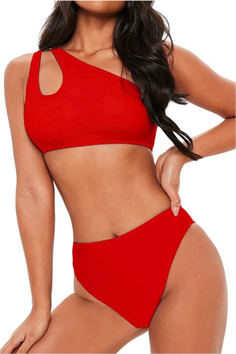 FAFOFAWomen's Bikini Set Cutout One Shoulder High Waist Two Piece Swimsuit