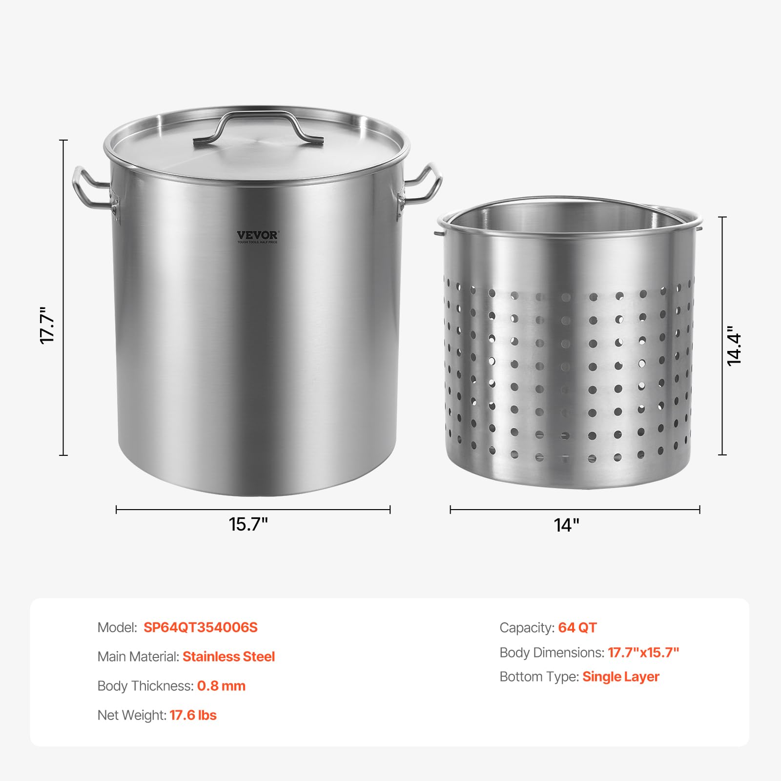 VEVOR Olla Grande de Acero Inoxidable de 60,5 L, para Salsa con Canasta, Tapa y Asa, Olla Comercial Resistente, Tratamiento de Lijado, para Eventos de Grupos Grandes, Plateado, 400 x 450 mm