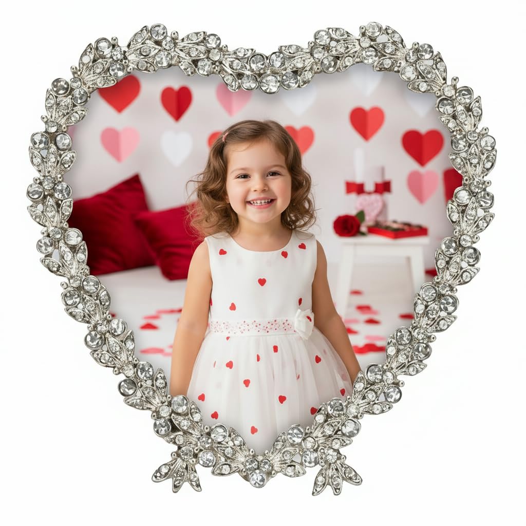 Kenzy Gifts Silver Heart Shaped Wedding Picture Frames For Couple - Beaded Crystal 4X4 Picture Frame – Engagement Gift, Wedding Gift For Newlyweds - Fits 3.5X3.5 Photo - Valentine Picture Frame