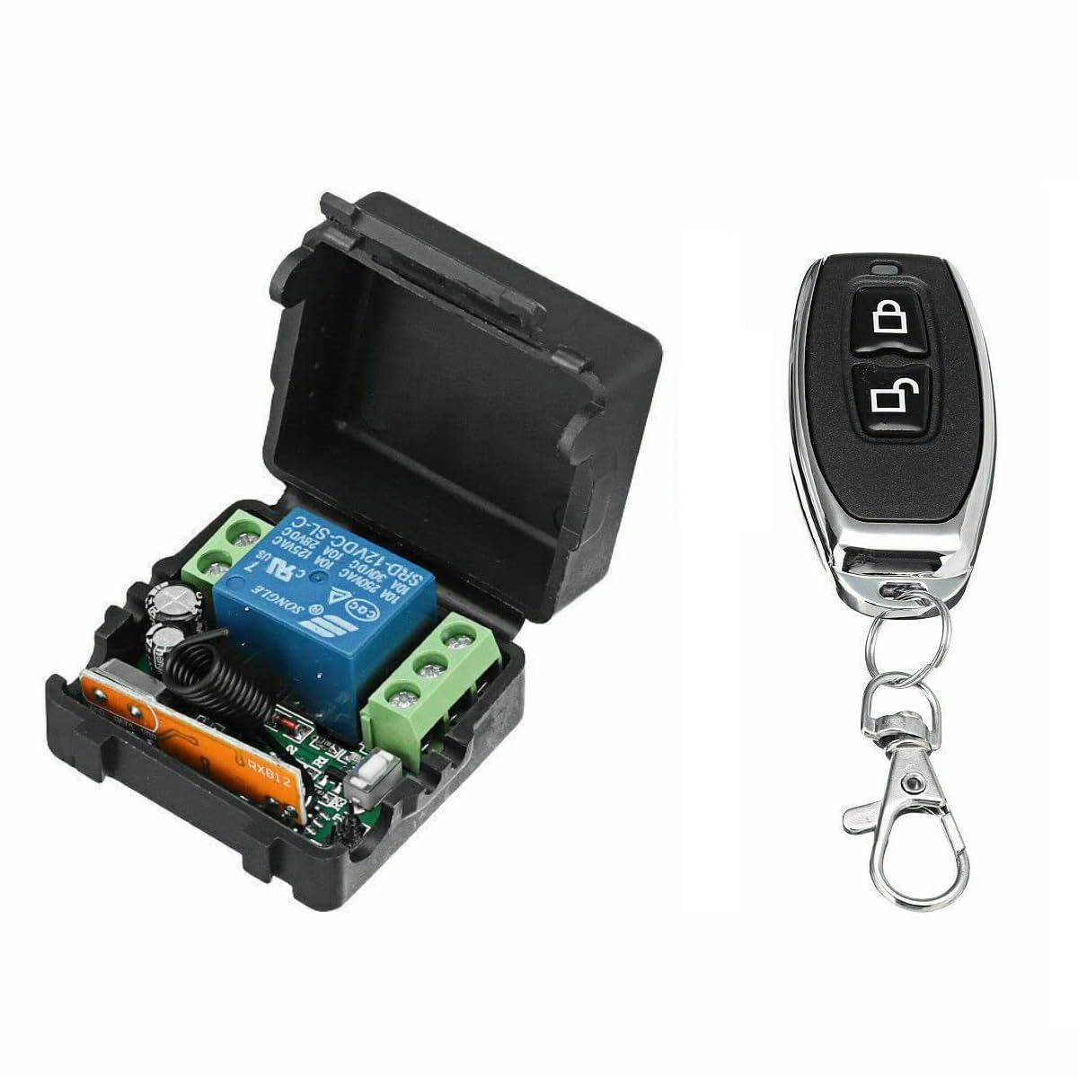 ROBOWAY 433Mhz Universal Wireless Remote Control with Fan/Water Motor/Door Lock-Unlock.. DC 12V 1CH RF Relay Receiver Module with Transmitters (1 Remote and 1 Receiver)