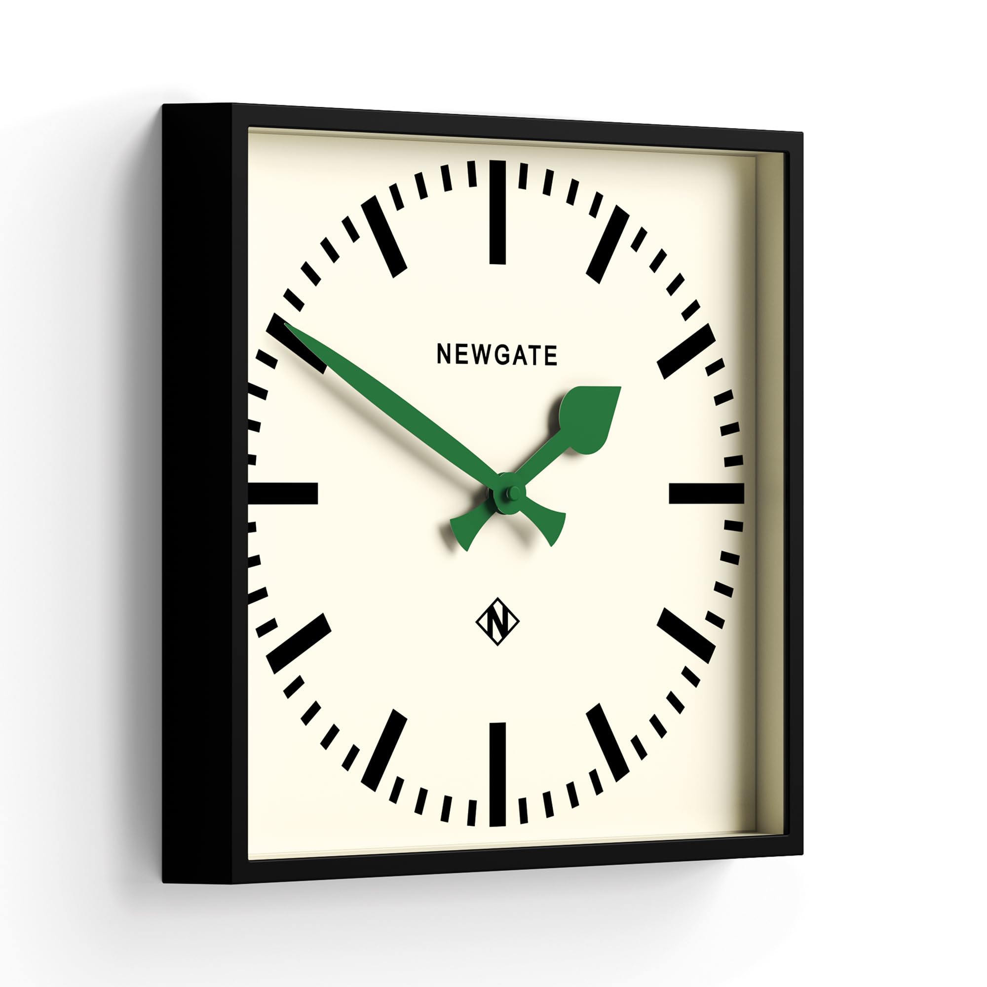 NEWGATE® Number Five Wall Clock | Square Retro Inspired Modern Station Clock | 16 inch | Black with Green Hands | Mid Century Style for Kitchen, Living Room or Office