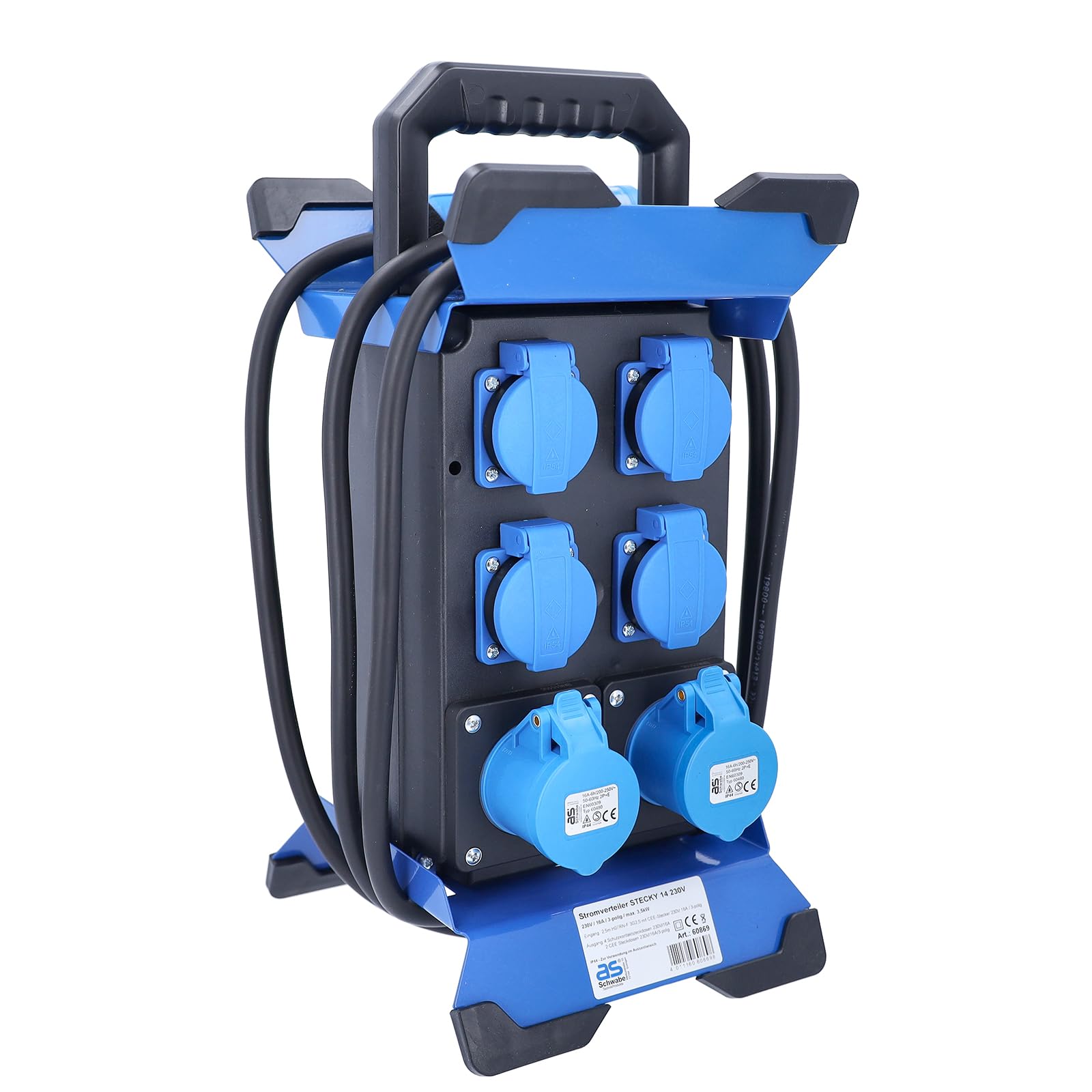as - Schwabe Tragbarer CEE-Stromverteiler Stecky 14, CEE-Stecker + 4 Schutzkontakt-Dosen + 2 CEE-Buchsen, Mobiler Stromverteilerkasten, Verteilerdose für den Outdoor-Bereich, IP44, Made in EU, 60869