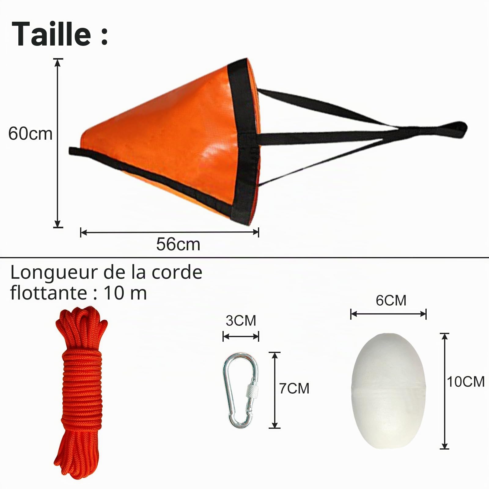 BeGrit 24po Ancre Flottante Drogue de PVC kit de Ancre Bateau Bouée Corde Réfléchissante avec Harnais Bouée et 4 Boucle d'alpinisme et Sac per Transport Stabilizzatori Laterali per Kayak Pêcheurs
