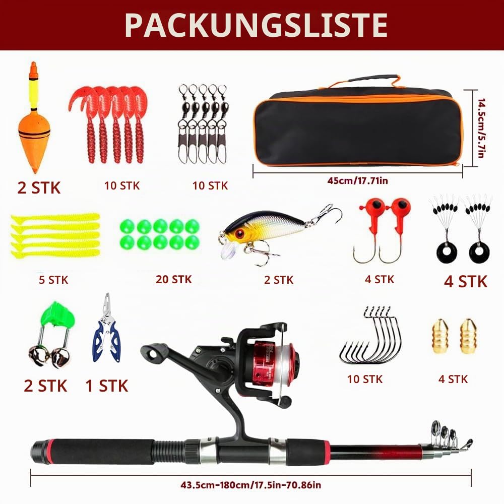 Angelset für Kinder, 2 Sets Kinderangel Starter Set mit Angelrolle und Köder, Tragbare Kinder Angelset, Komplett Fischzubehör-Set mit Tragetasche, Teleskop Angelruten für Kinder Jugendliche