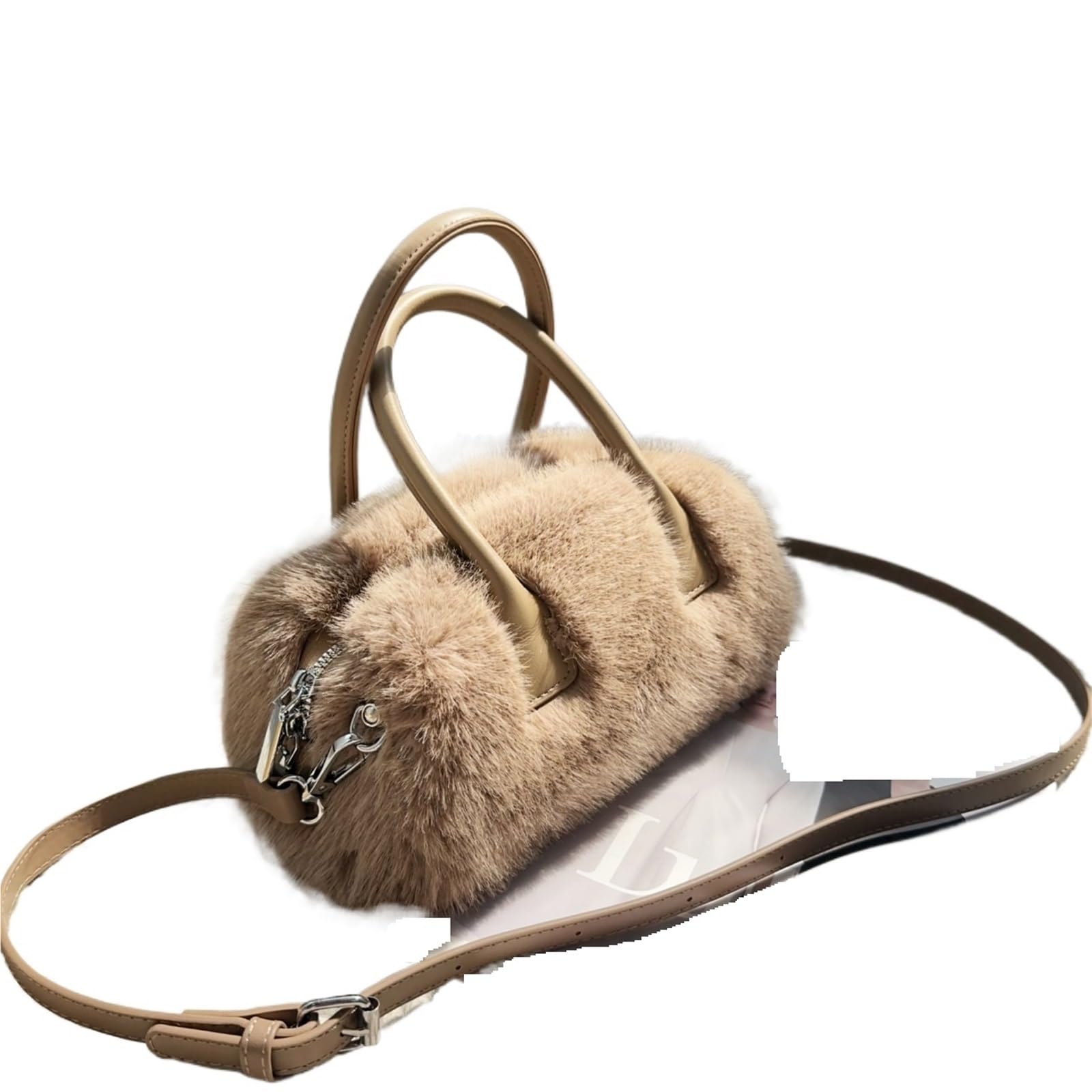Borsa a mano invernale in pelliccia sintetica, semplice, tinta unita, morbida e soffice, con tracolla, for donna, manico corto borsa tote
