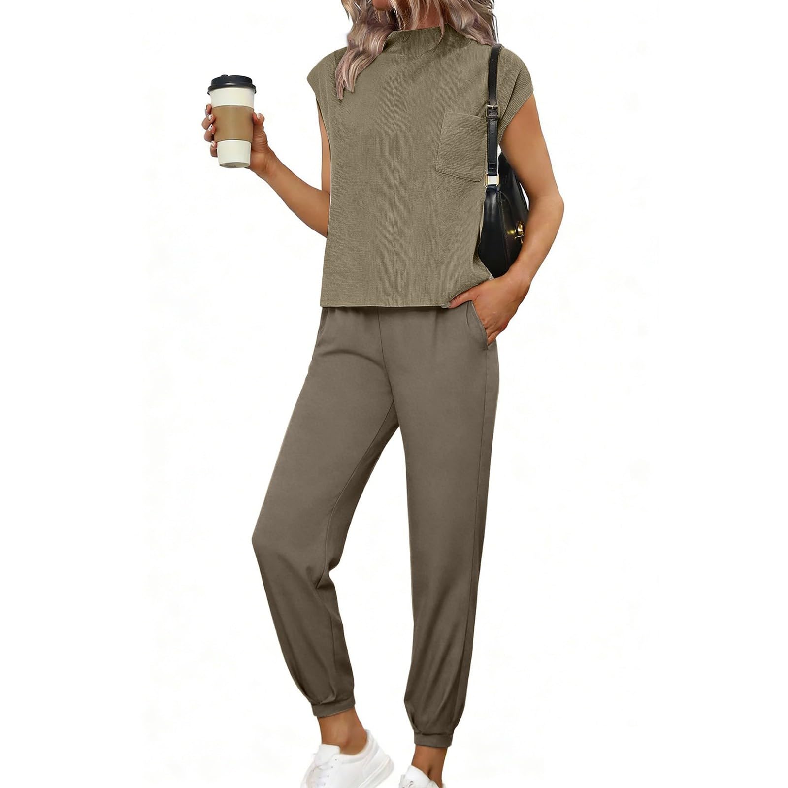 Ensemble de détente en tricot à manches courtes pour femme - 2 pièces