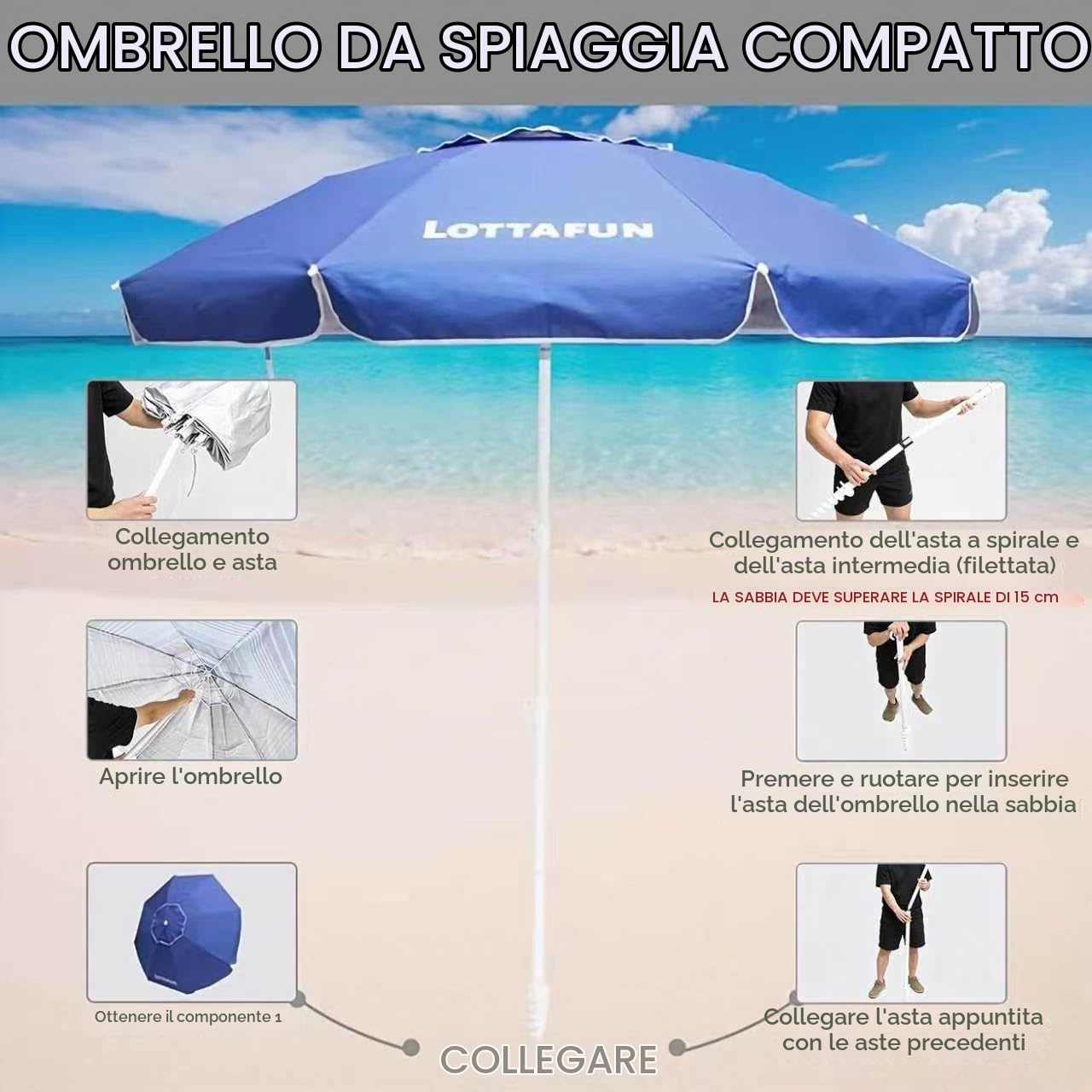 LOTTAFUN Ombrellone da spiaggia, antivento, robusto, con protezione solare UV 50+, portatile, con ancora, borsa per il trasporto, pieghevole, per esterni, spiaggia, piscina, terrazza, giardino, 1,8 m