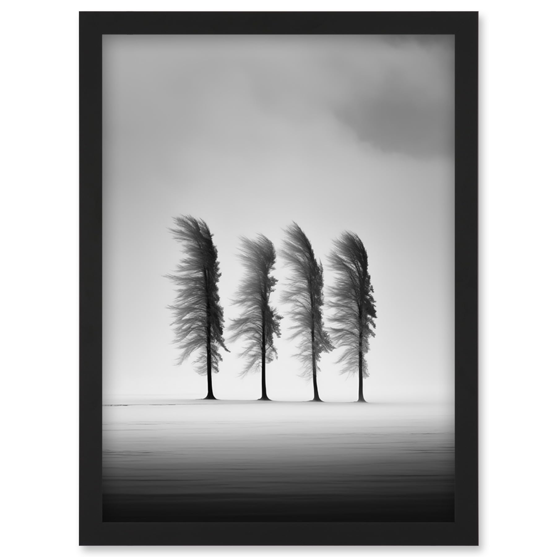 Artery8 Still Holding Strong Black and White Winter Landscape Photograph Wind Blowing on a Row of Cypress Hills Artwork Framed Wall Art Print A4