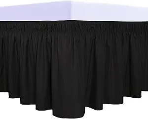 PureFit Wrap Around Ruffled Bed Skirt with Adjustable Elastic Belt - 14 Inch Drop Easy to Put On, Wrinkle Free Bedskirt Dust Ruffles, Bed Frame Cover for Queen, King and C-King Size Beds, Black