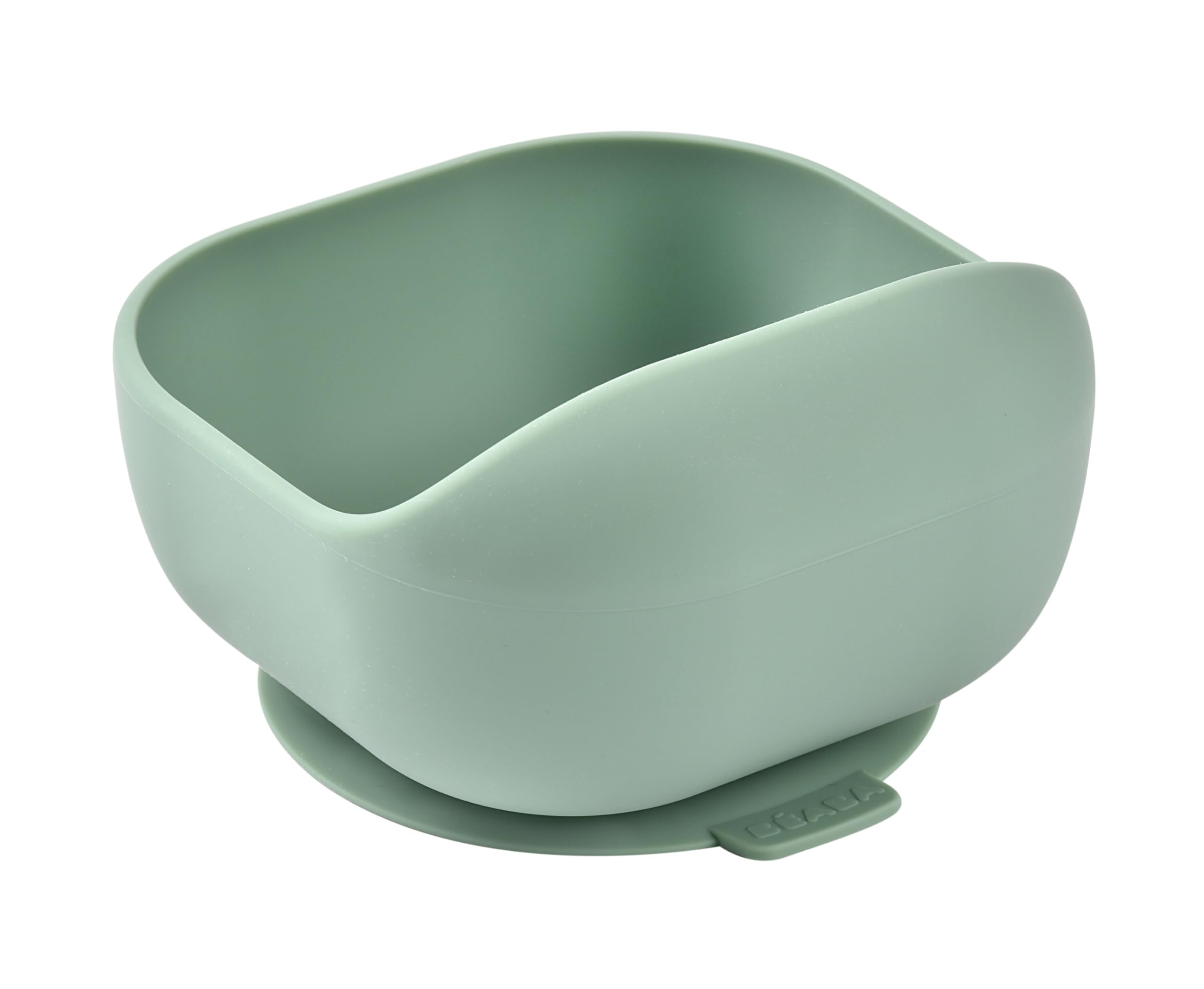 BÉABA, Bol Ventouse pour Enfant, 100% silicone, matière douce et très resistante, Adhère table/tablette chaise haute, Languette permettant de soulever l’assiette, Compatible micro-onde, Sage green