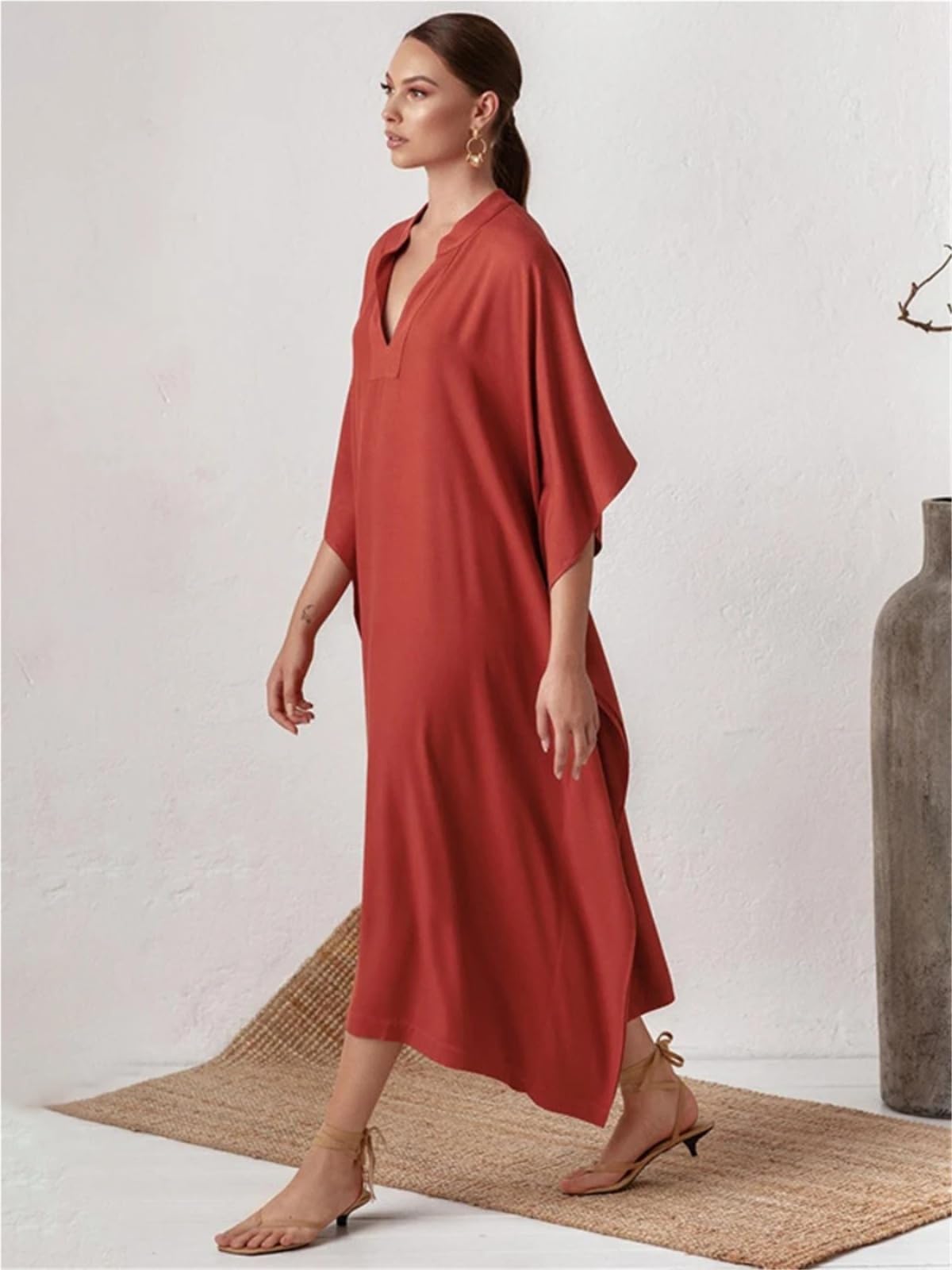 Pareo Femme Plage Maillot de Bain Couvrir Femmes Plage Tunique Solide col en V élégant été Longue Robe Ample Maillots Maillot