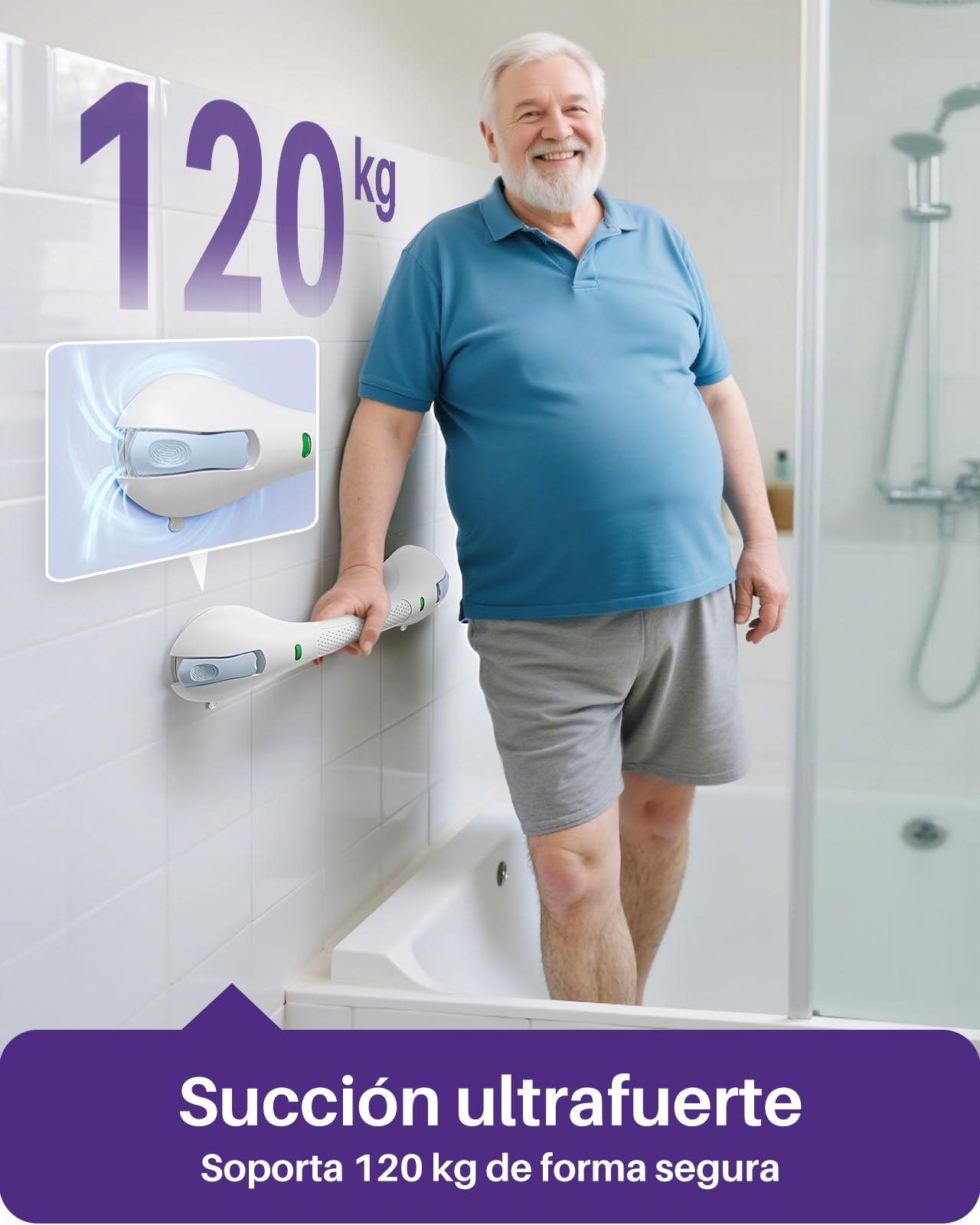 KEKOY Agarraderas Baño para Mayores con Indicador, Agarrador Ducha para Personas Mayores y con Discapacidades – Asidero de Ducha Seguro y Resistente, Sin Taladrar y Desmontable (Azul*1, 44.5 cm)