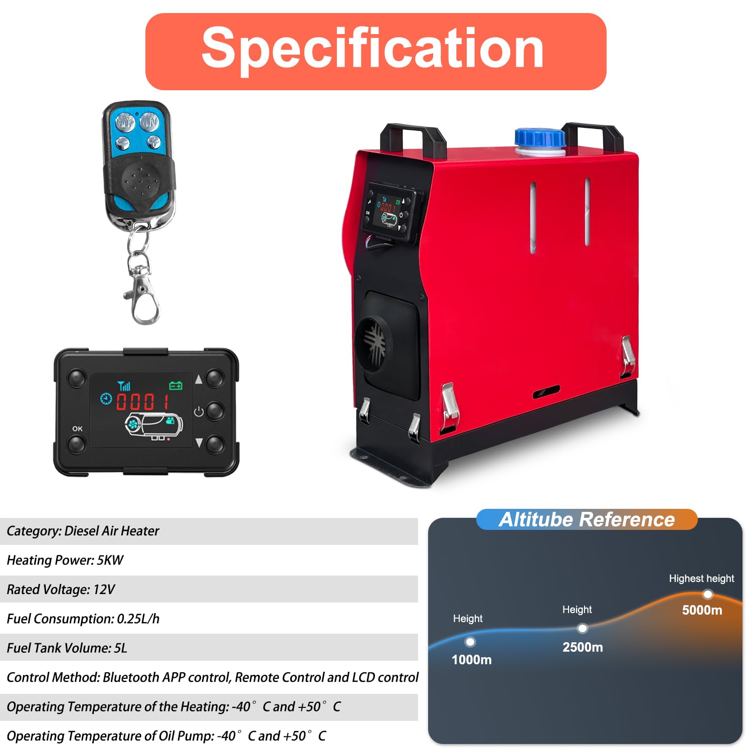 12V 5-8kW Dieselheizung Standheizung, Luftheizung Air Diesel mit LCD-Anzeige & Fernbedienung & Bluetooth-APP, Standheizung Lufterhitzer fur Auto, Wohnmobil, Boote, RV, LKW(07R-5KW-All in one)