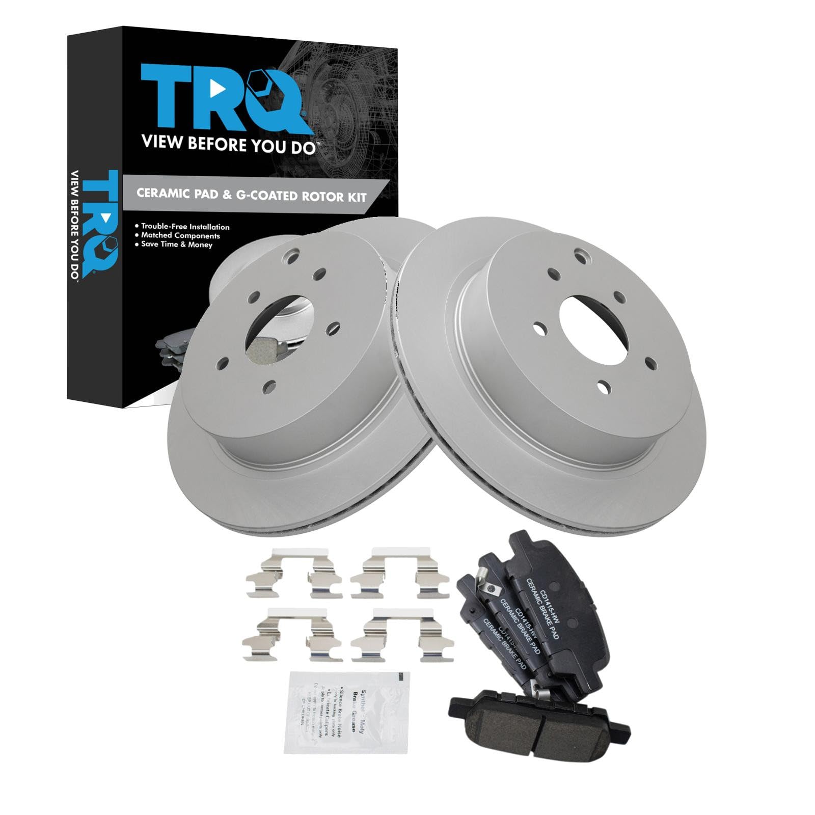 TRQ Rear Brake Pad &amp; Rotor Kit Ceramic Premium G-Coated Compatible with Infiniti Nissan