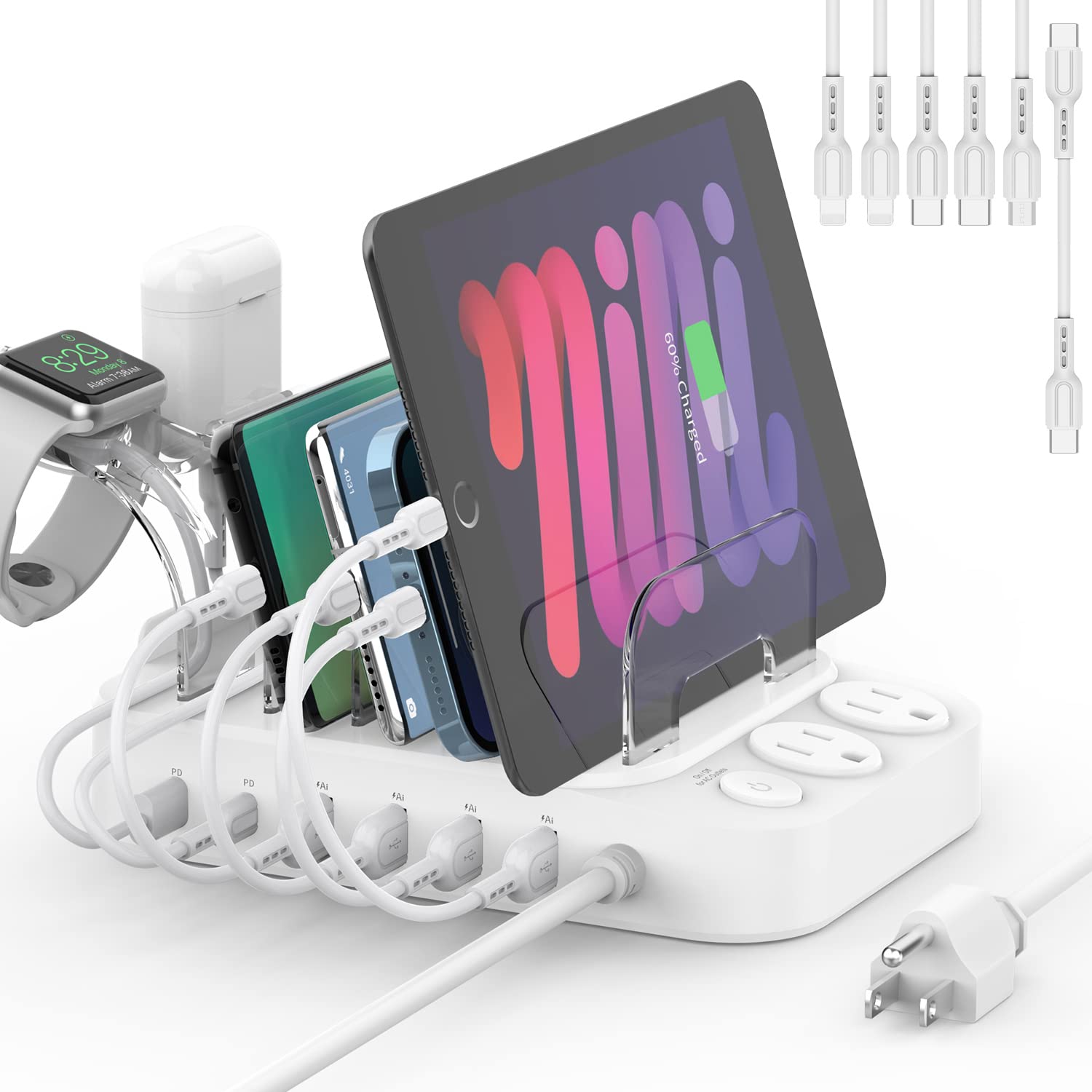 SooPii 70W 6 Port USB Charging Station with 2 AC Outlets,4 USB-A Ports and 2 USB C PD Ports,6pcs Mixed Charging Cables Included,Compatible for Tablets,Phones and Other Electronics