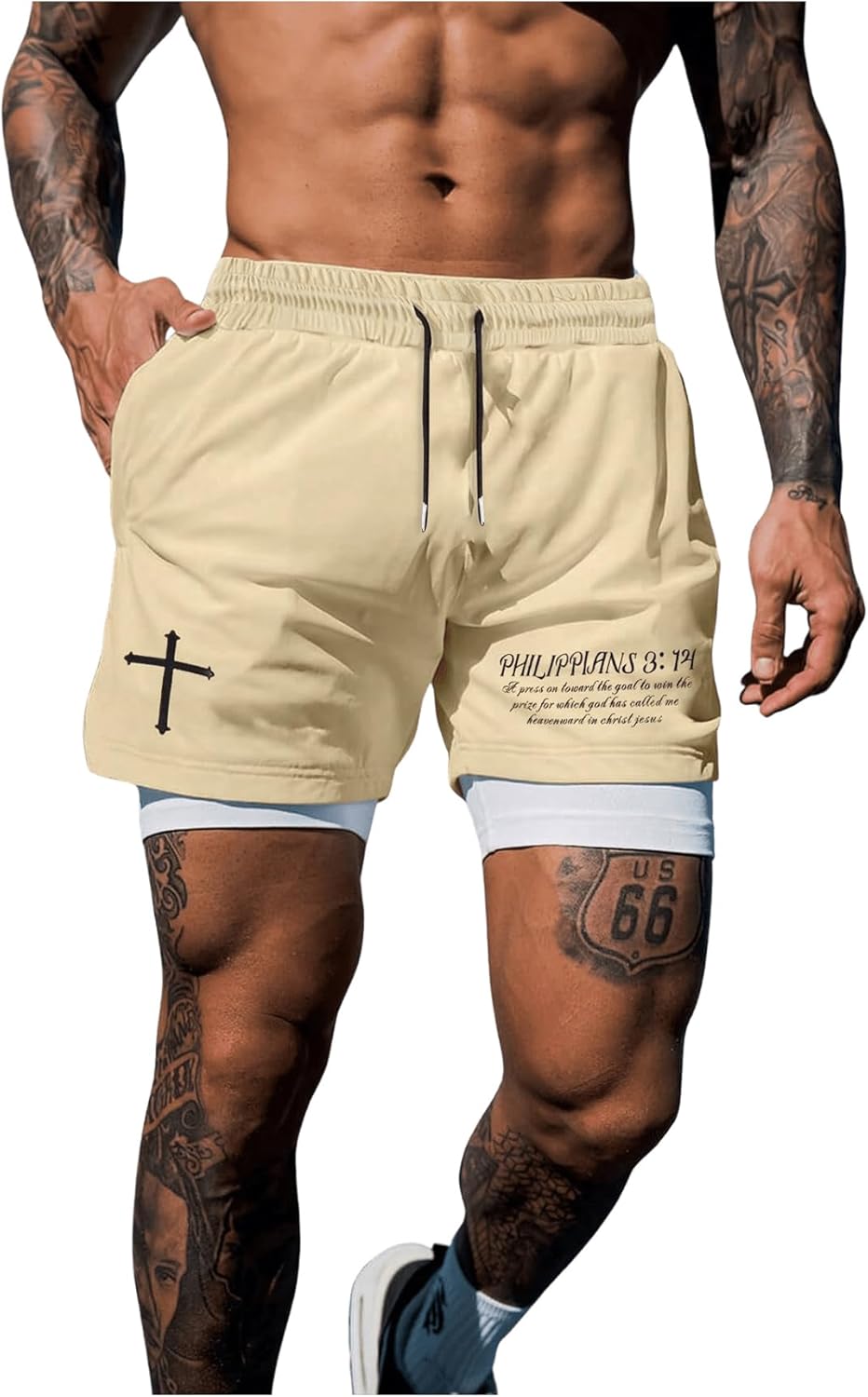 VIPWOLF Men's Cross Graphic Shorts with Liner Y2k 2 in 1 Drawstring Waist Athletic Workout Gym Running Track Shorts
