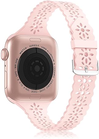 Zitel Bands Compatible with Apple Watch Straps for Women Girls, Slim Narrow Thin Hollowed-Out Scalloped Band for iWatch 41mm 40mm 38mm Series 7 6 5 4 3 2 1 SE - Pink