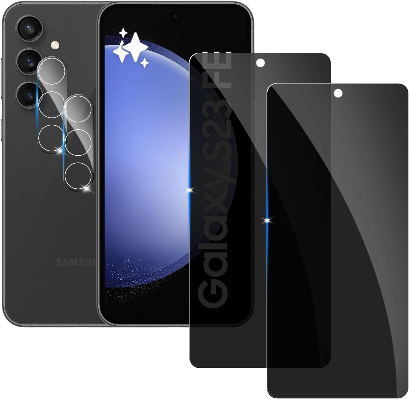 Pack of 2 Privacy Screen Protectors for Samsung Galaxy S23FE Tempered Glass with 2 Camera Protection 9H Hardness Privacy Screen Scratch Free Film Ultra Resistant Anti-Spy Screen Protector