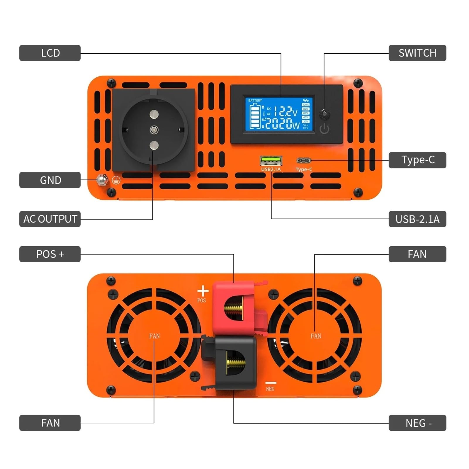 Inversor De Onda Sinusoidal Pura CC 12 V 24 36 48 60 72 A CA Potencia Continua con LCD MúLtiples Protecciones(1000W,72V)