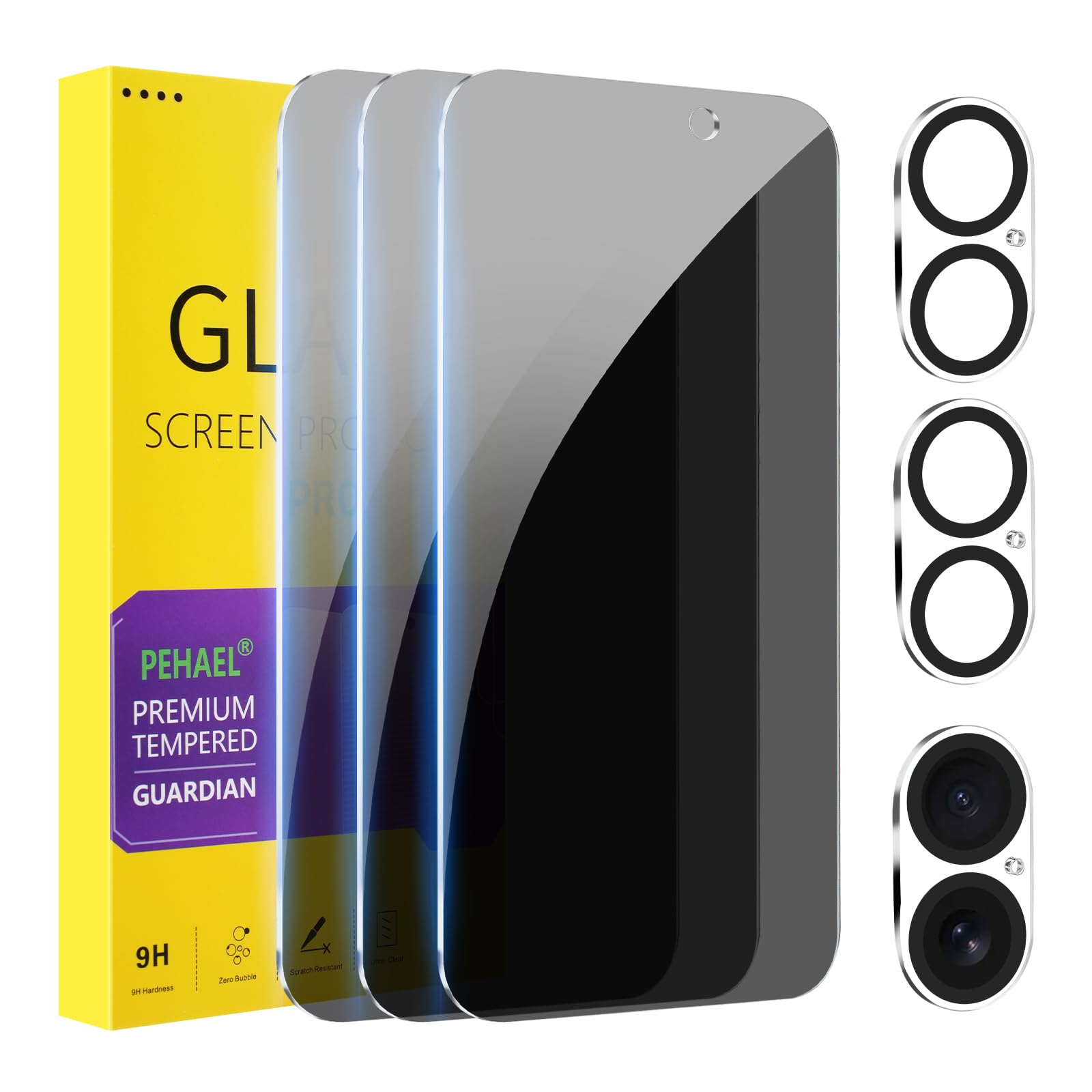 PEHAEL 3+3Pack for iPhone 16 Plus Privacy Screen Protector with Camera Lens Protector Full Coverage Anti-Spy Tempered Glass Film 9H Hardness Easy Installation Bubble Free [6.7 inch]
