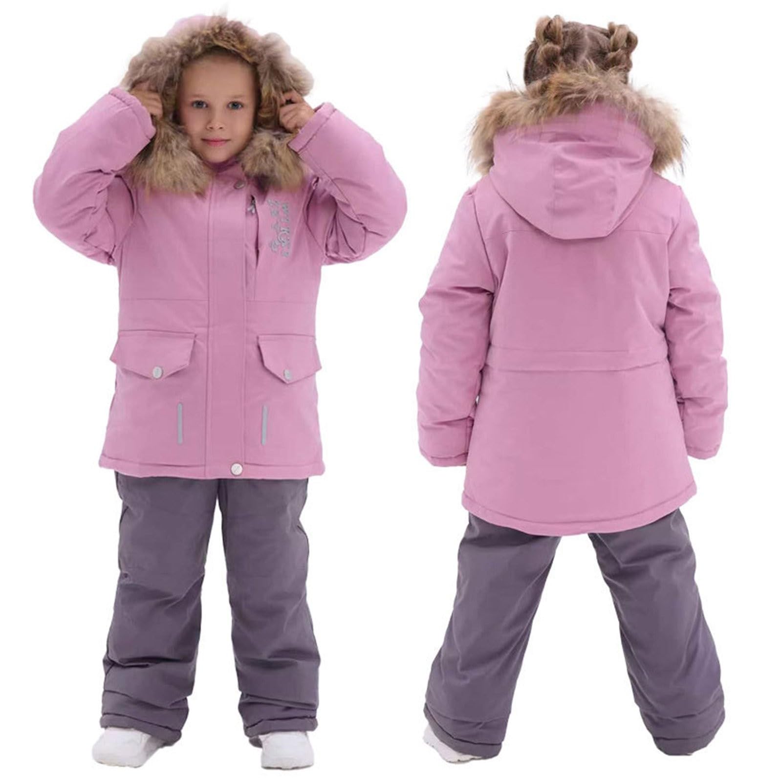 Traje de esquí para niñas, clásico, liso, con capucha, chaqueta y pantalones, a prueba de nieve, forro polar, ligero, cómodo, traje de nieve para niños