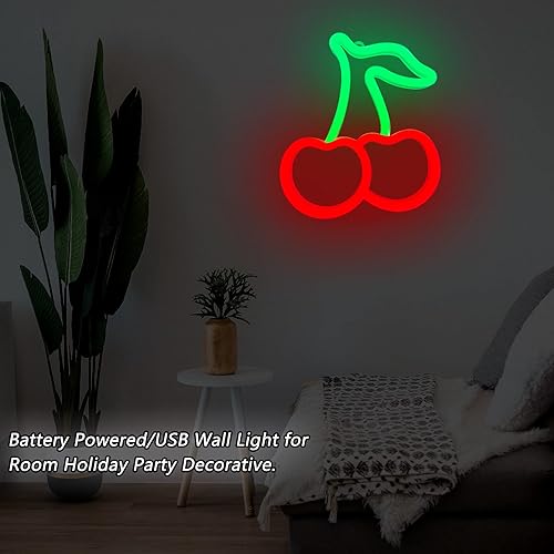 Miniatura 7 de Letrero de neón de cereza, luces de neón de cerezas rojas y verdes, letreros de neón de cereza para decoración de pared, lindos letreros LED de