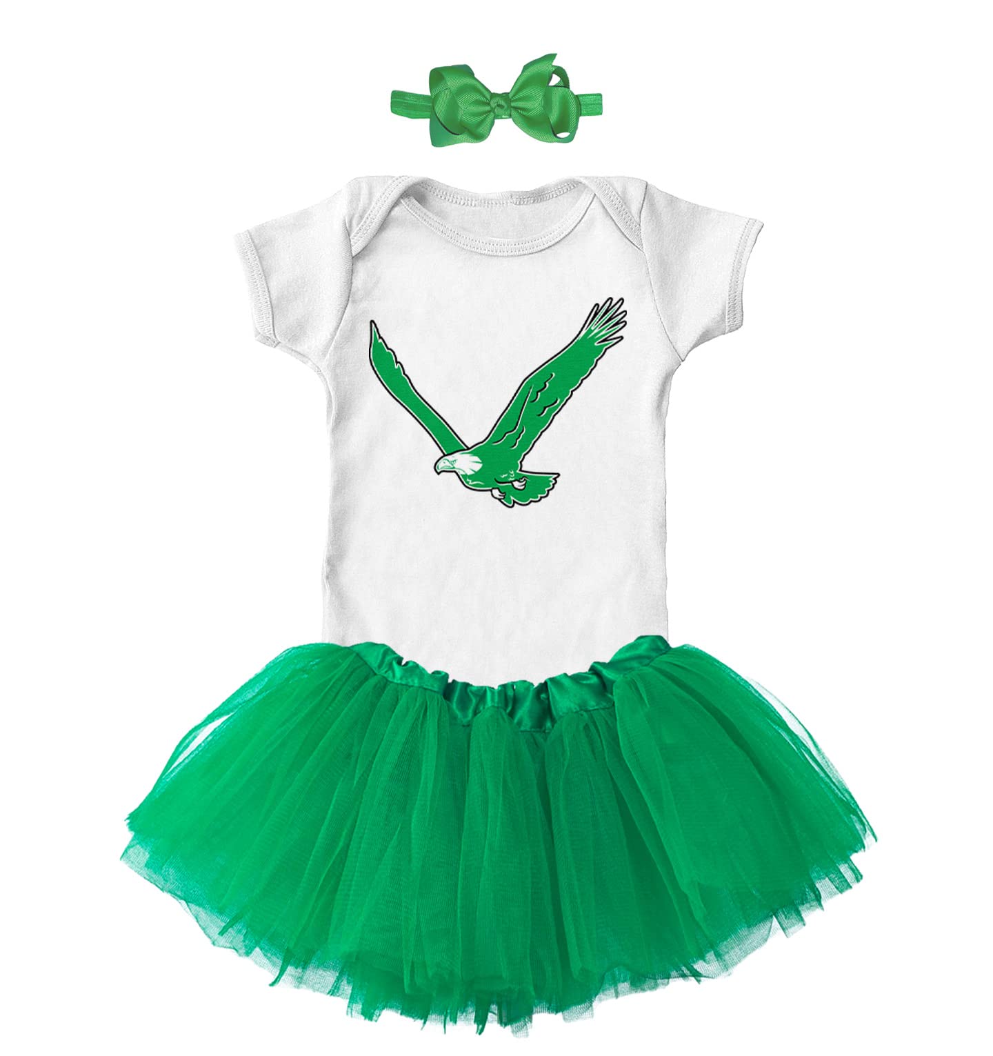 Eagle - Philly Sports Baby Bodysuit + Tutu Skirt + Bow Headband Set (White Bodysuit/Green Tutu, Newborn)