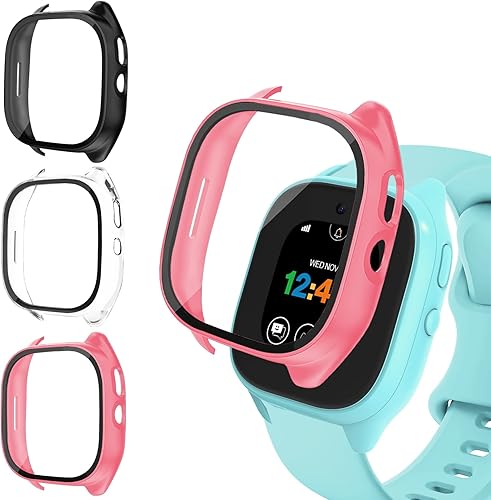 Paquete de 3 fundas protectoras compatibles con Verizon Gizmo Watch 3, protector de pantalla de policarbonato duro, protector de pantalla de vidrio