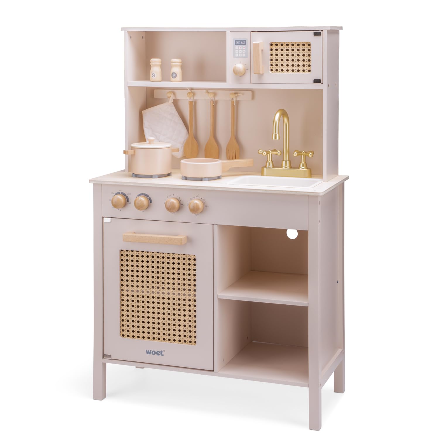 Woet® Cuisine Jouet Rose en Bois pour Enfants - Détails en Rotin et Accessoires - Set d’Imitation - À Partir de 3 Ans