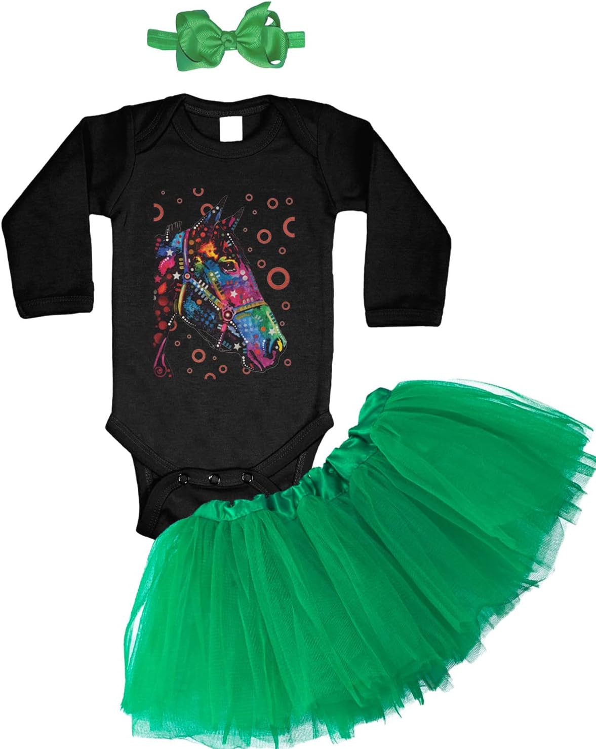 Neon Colored Horse - Equestrian Baby Bodysuit + Tutu Skirt + Bow Headband Set