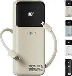 Carregadores Portáteis, Bateria de Carregamento Rápido de 10000 mAh com Cabo de Saída USB-C (22,5 W) e iOS (10 W) Integrado, Compatível com iPhone, Android, Samsung Etc (Bege)