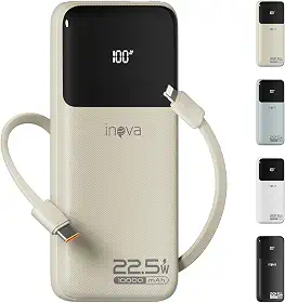 Carregadores Portáteis, Bateria de Carregamento Rápido de 10000 mAh com Cabo de Saída USB-C (22,5 W) e iOS (10 W) Integrado, Compatível com iPhone, Android, Samsung Etc (Bege)