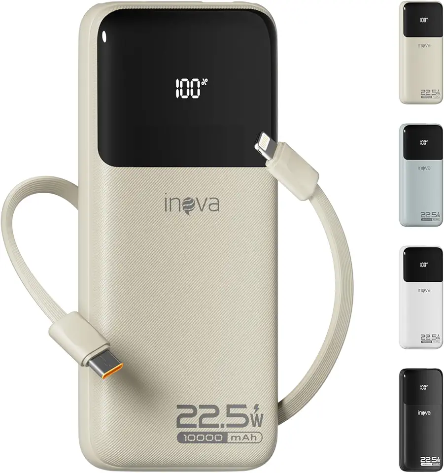 Carregadores Portáteis, Bateria de Carregamento Rápido de 10000 mAh com Cabo de Saída USB-C (22,5 W) e iOS (10 W) Integrado, Compatível com iPhone, Android, Samsung Etc (Bege)
