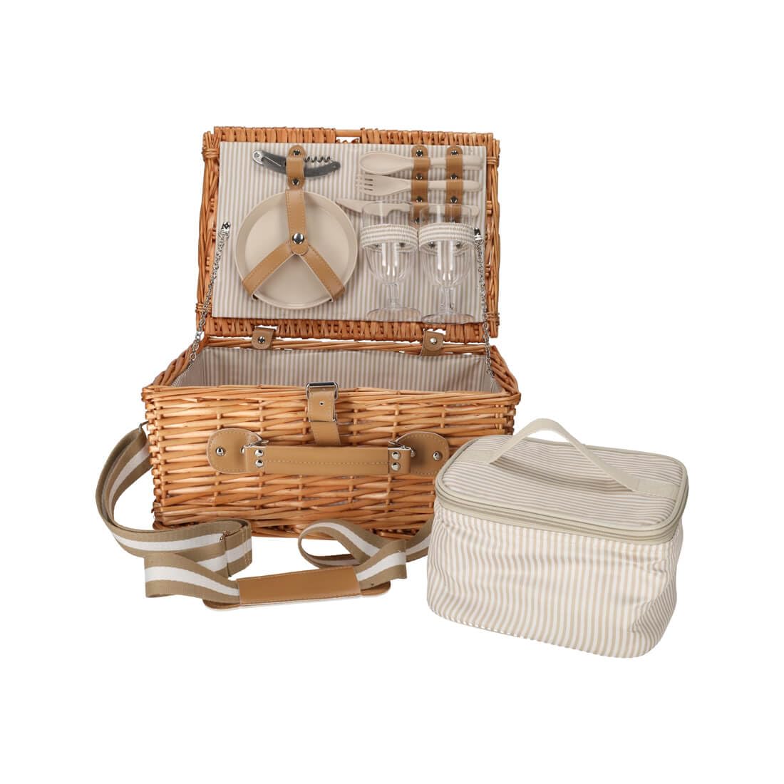 Kit de pique-nique pour 2 personnes | Panier en osier naturel de qualité supérieure avec sac isotherme intégré, couverts en acier inoxydable et vaisselle | Idéal pour le parc et la plage