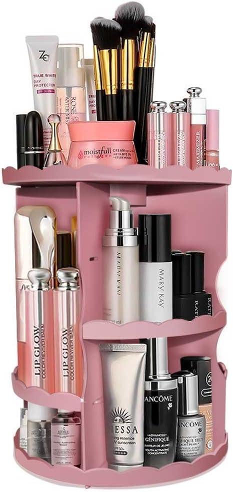 Gilberta 360 Rotating Cosmetic Makeup Organizer, DIY Detachable Spinning Makeup Holder Storage Case,Adjustable Waterproof Makeup Caddy Shelf for Vanity/Countertop/Bathroom,Lace Side,Pink
