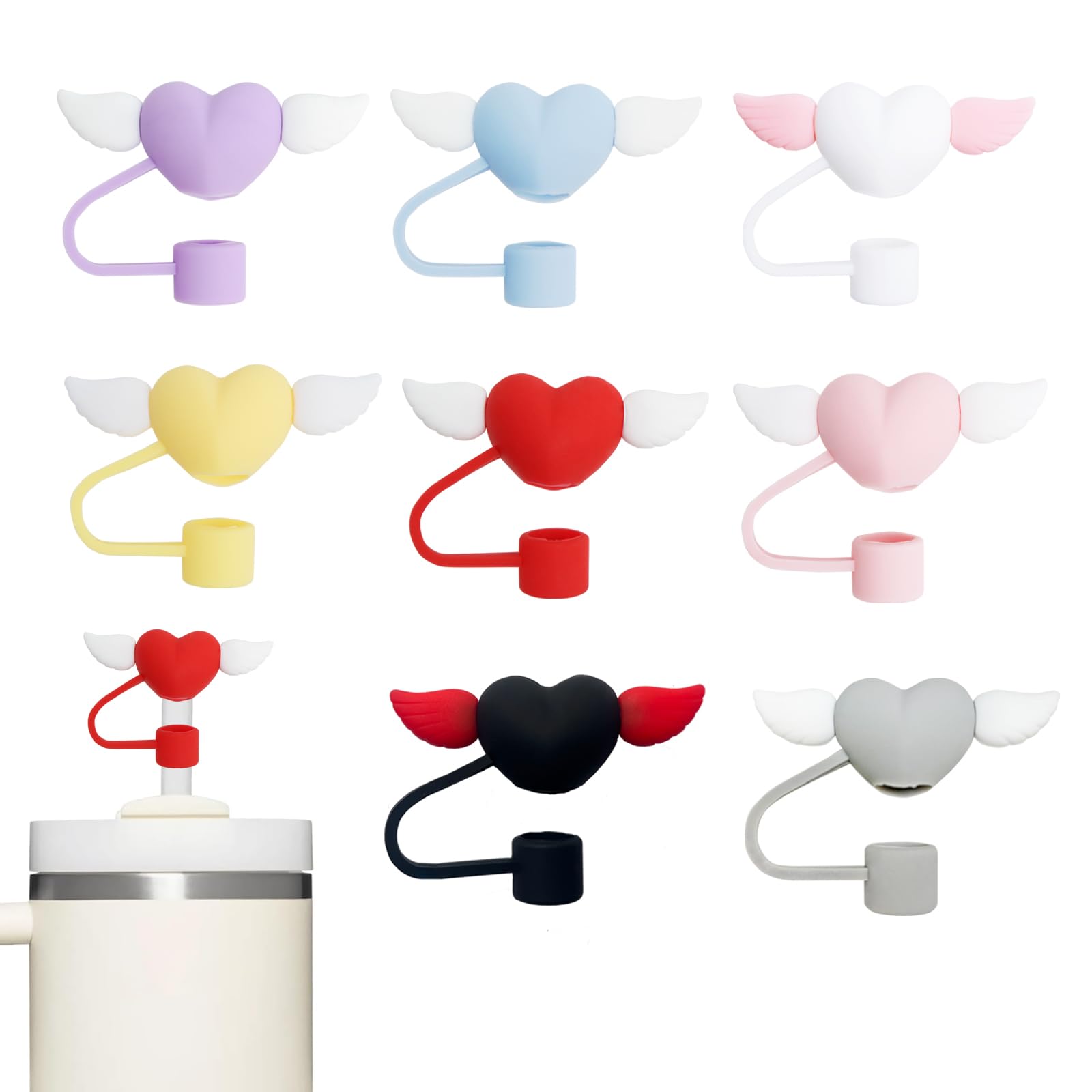 Straw Cover for Stanley Cup,Cute Straw Topper Compatible with 40Oz Tumbler with Handle,10mm Silicone Straw Covers Caps Toppers,Dust-Proof Reusable Stanley Cup Accessories, Love wing, 8Pcs